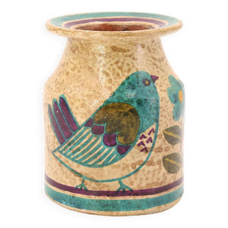 Vase Carmo Saude en céramique décor oiseaux et fleurs, années 70