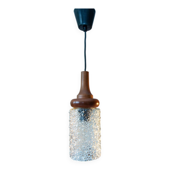 Veb Narva wooden and bubbled glass pendant light, East Germany 60's