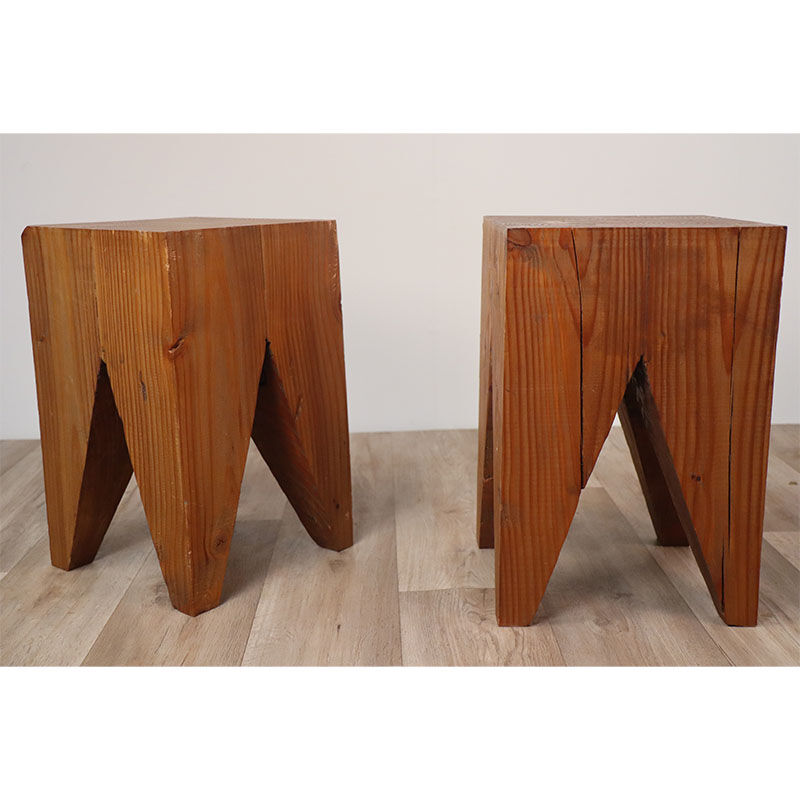 Pair of brutalist stools in solid fir