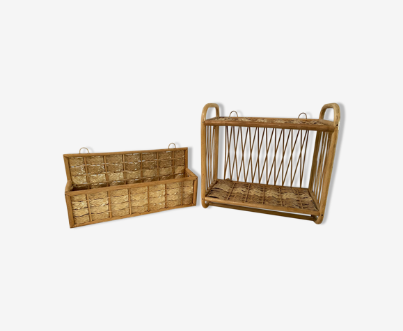Ensemble de 2 étagères en rotin vintage