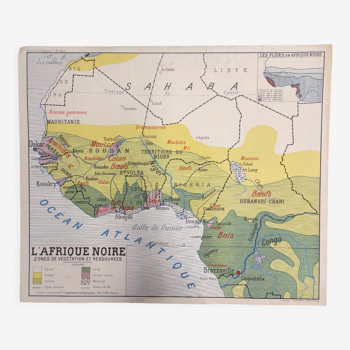 Vintage double-sided educational map Black Africa Vegetation and relief 1940s-50s