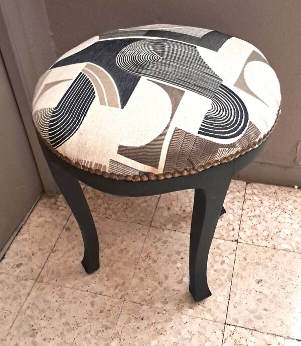 Tabouret piano bois noir Art déco tissu restauration tapissière 1950 décoration salon