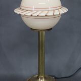 1940s Restored Brass Table Lamp with Wooden Base and Glass Shade