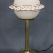 1940s Restored Brass Table Lamp with Wooden Base and Glass Shade
