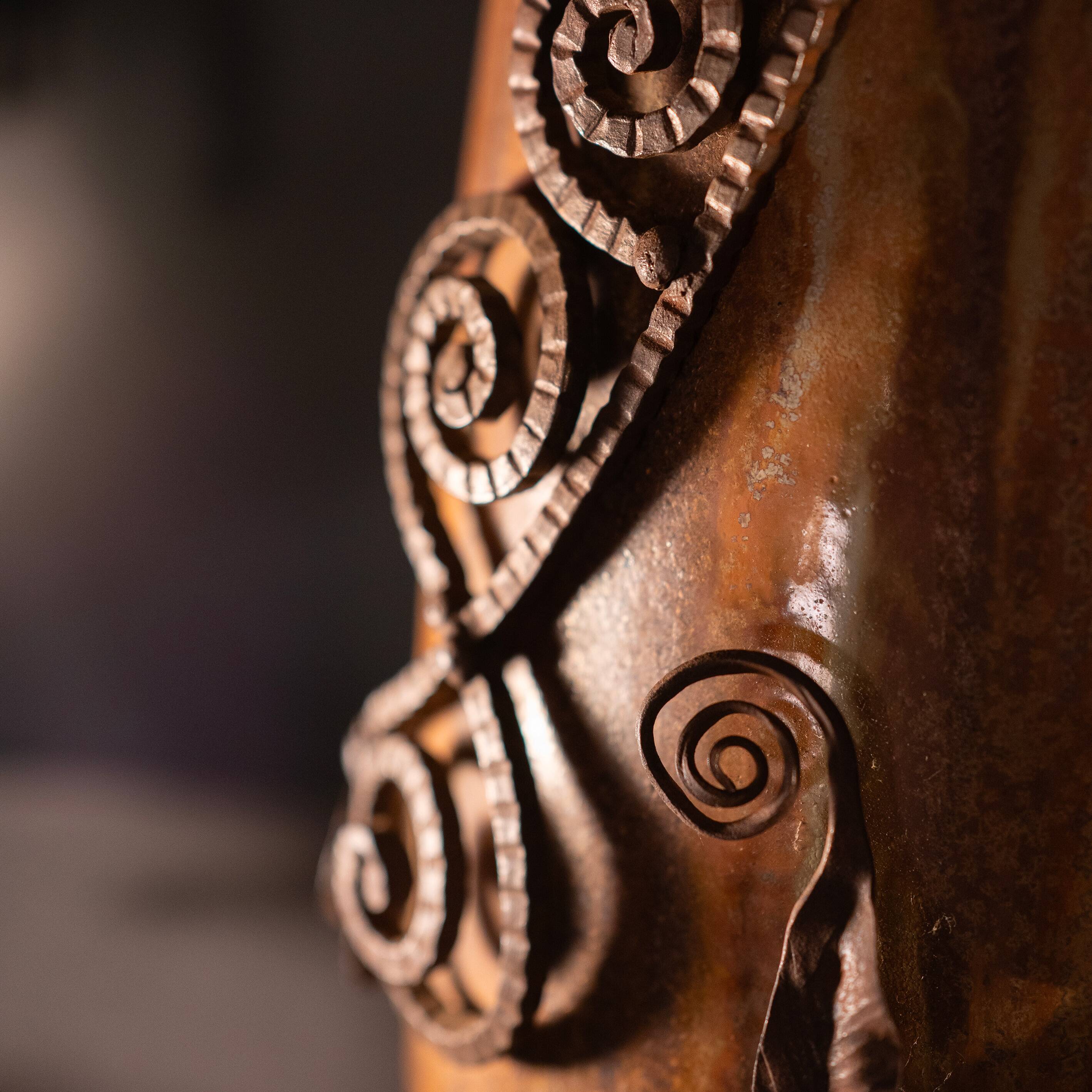 stoneware shell vase, wrought iron frame, roger guerin & francois carion, bouffioulx ca 1920