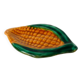 Pocket tray in earthenware, Corn model, yellow and green, signed Vallauris, 1970.
