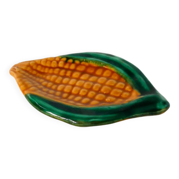Pocket tray in earthenware, Corn model, yellow and green, signed Vallauris, 1970.