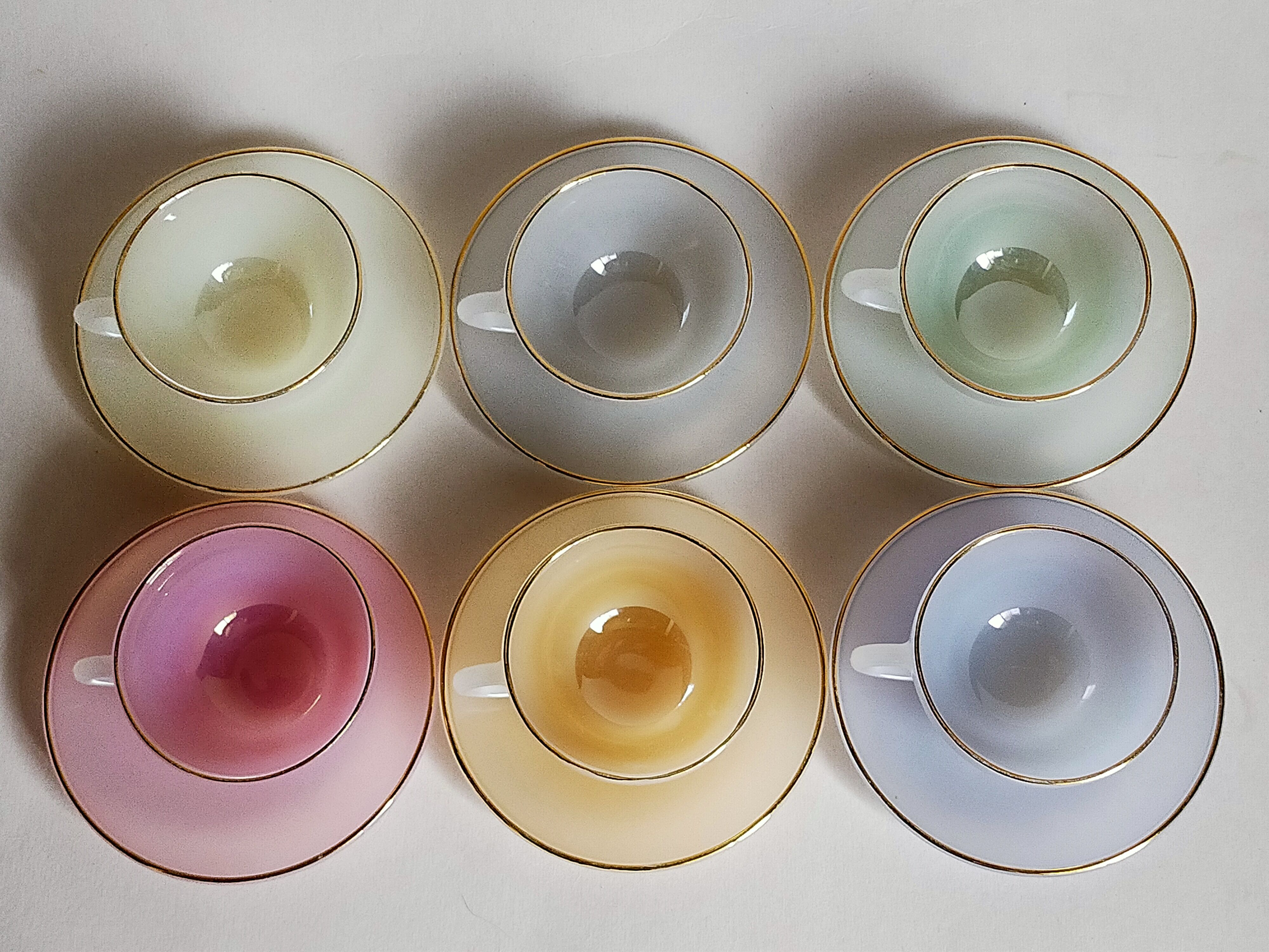 Six vintage iridescent pastel arcopal opaline cups
