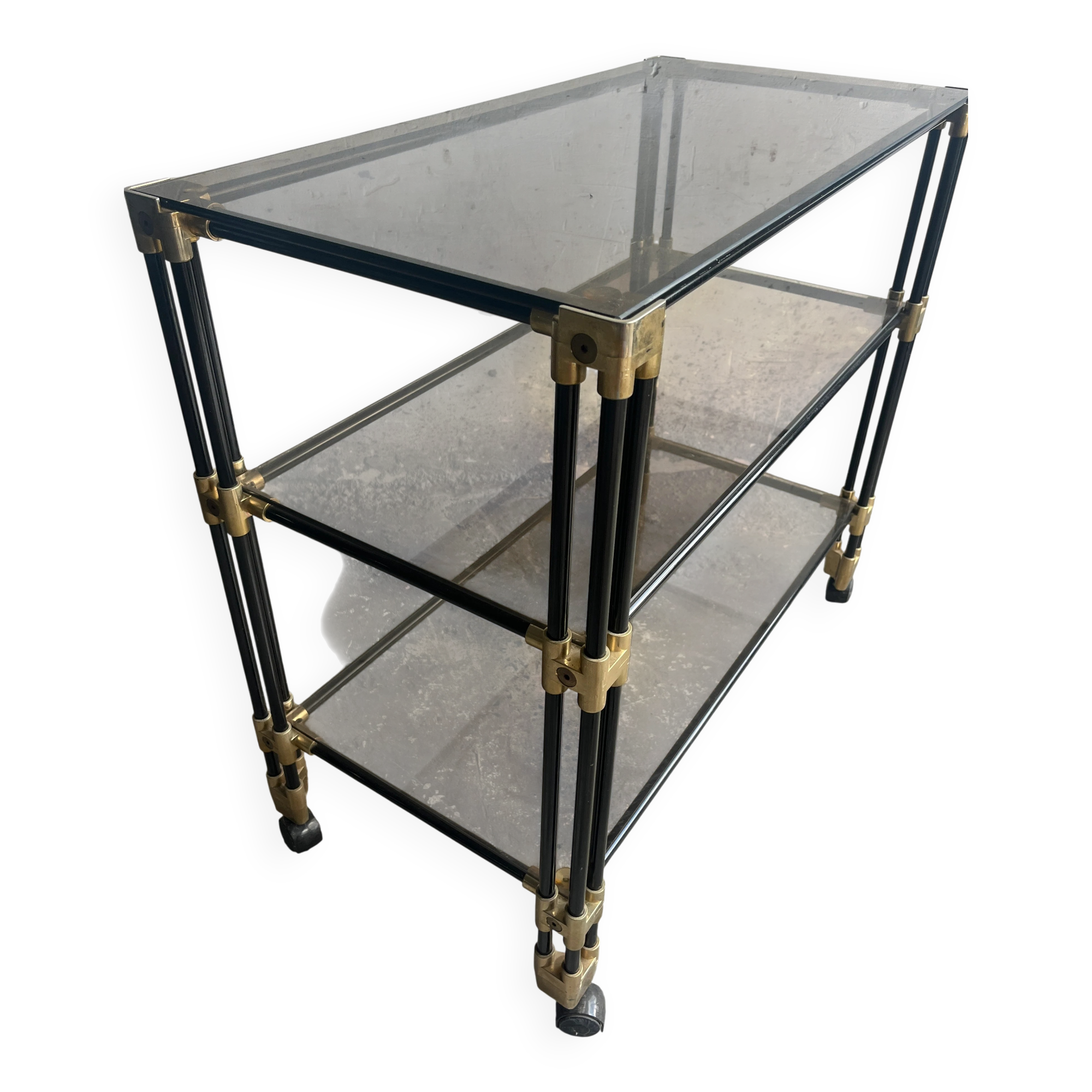 1980s Black Metal and Smoked Glass Side Table / Bar Cart Trolley