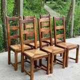 6 solid oak and straw chairs with high backs