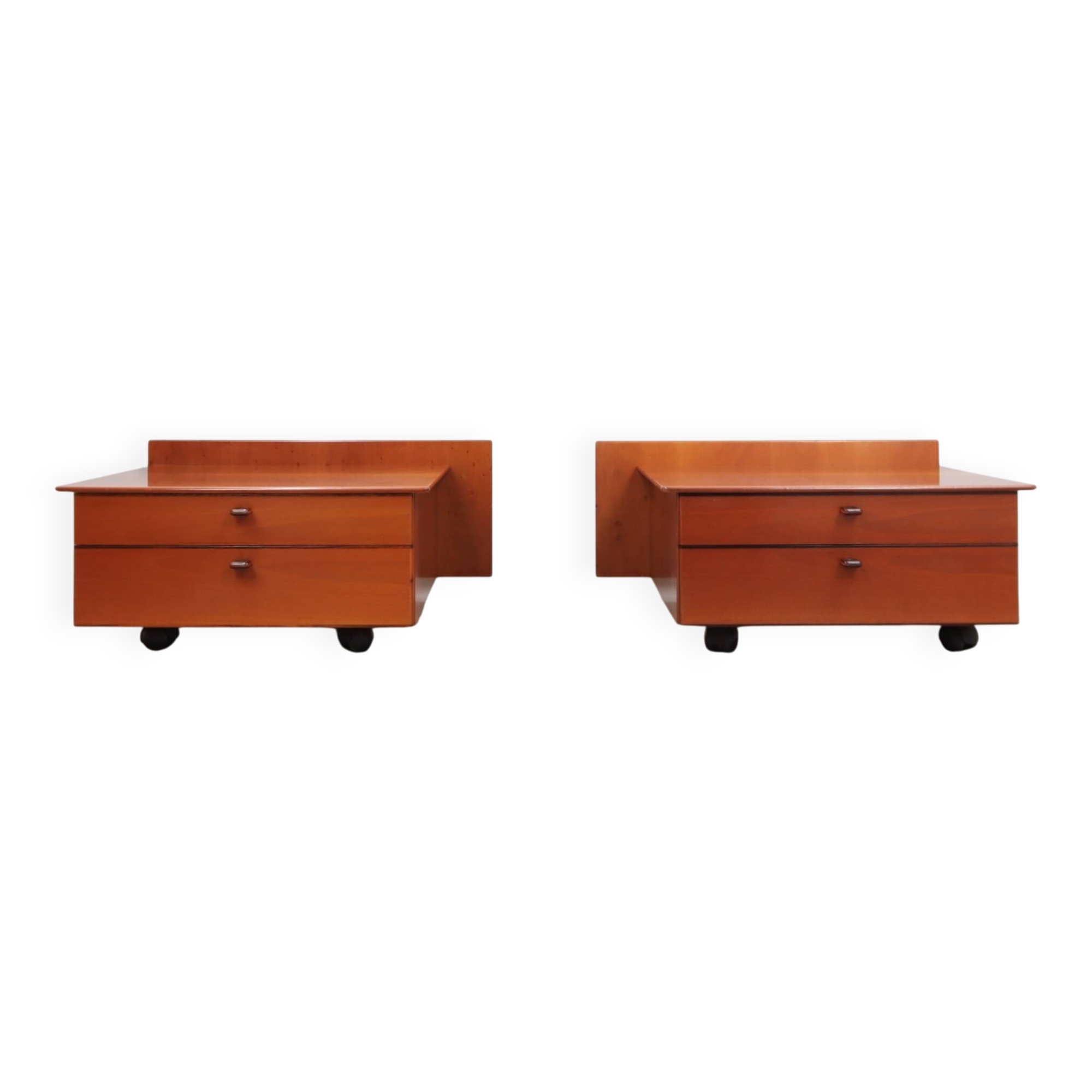 Pair of Stildomus walnut bedside tables with wheels 1970s