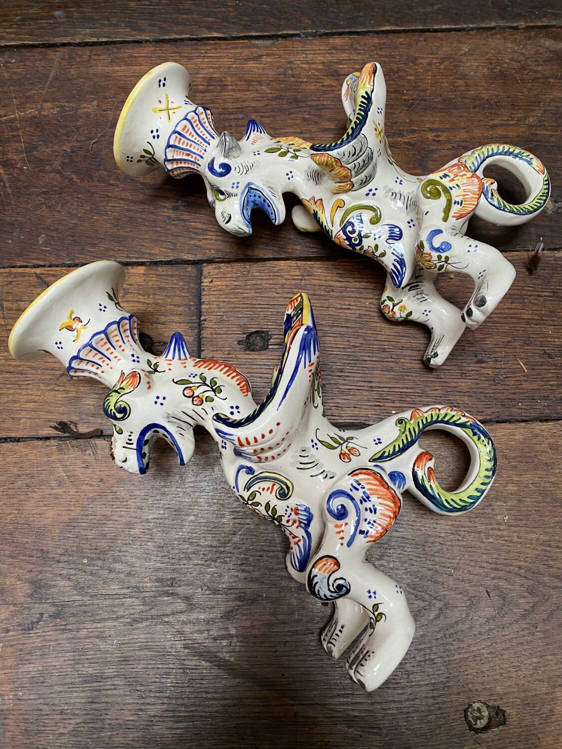 Griffon candlesticks in Old Rouen earthenware