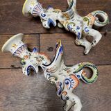 Earthenware griffon candlesticks Old Rouen