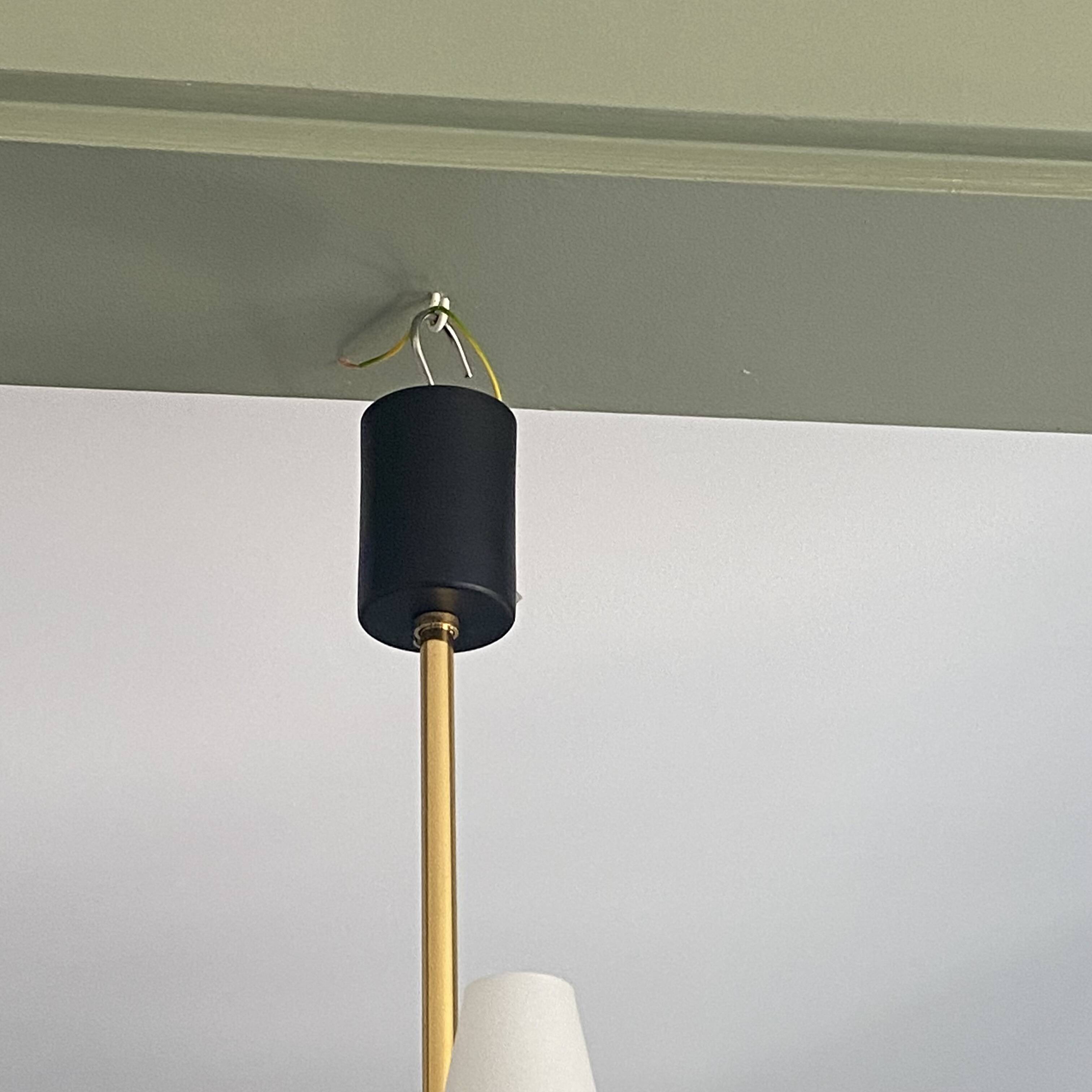 Large chandelier from 1950-1960, gilded metal with 6 white opaline glass tulips by Arlus.