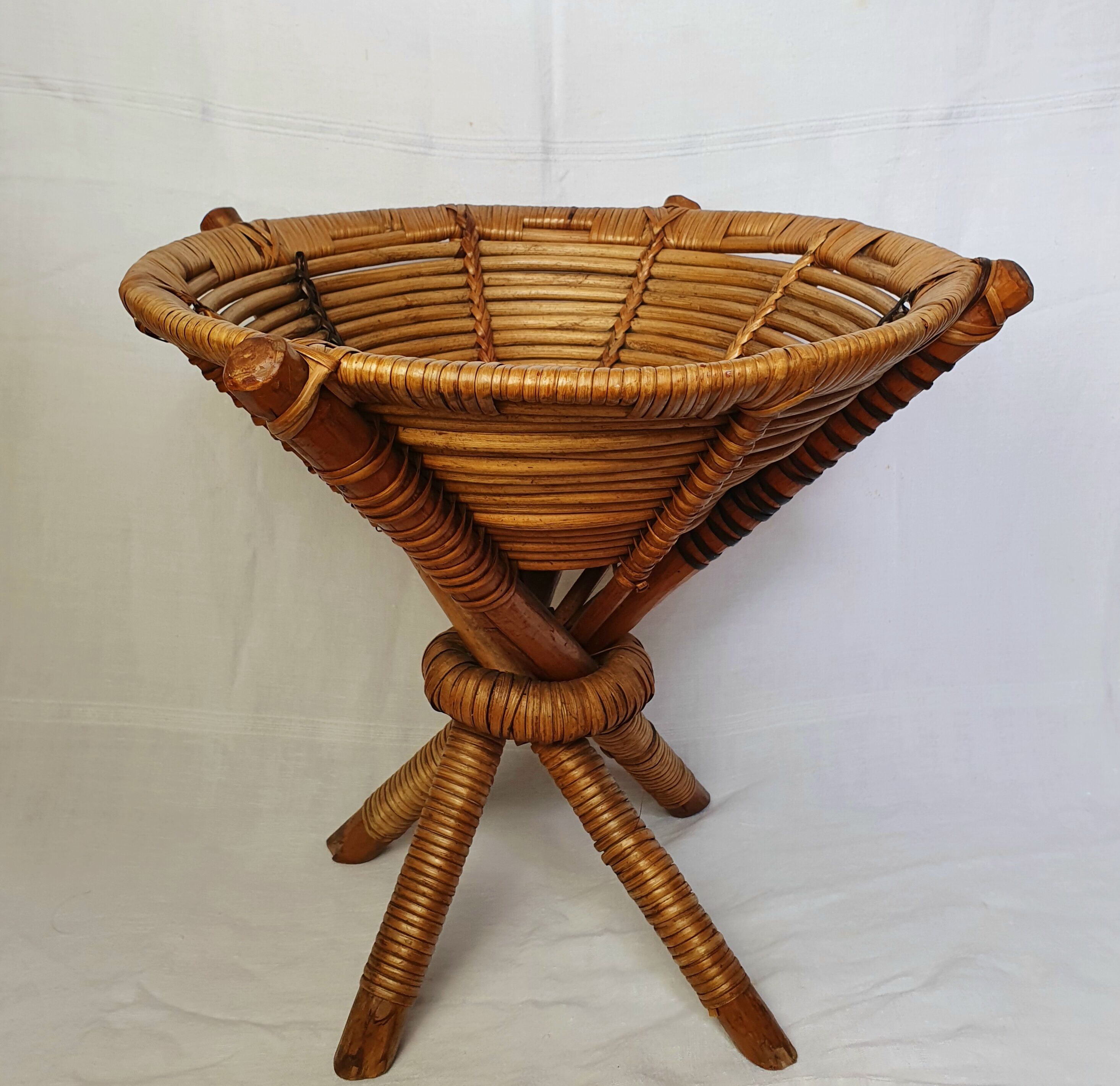 Basket on wooden and woven wicker legs 1950