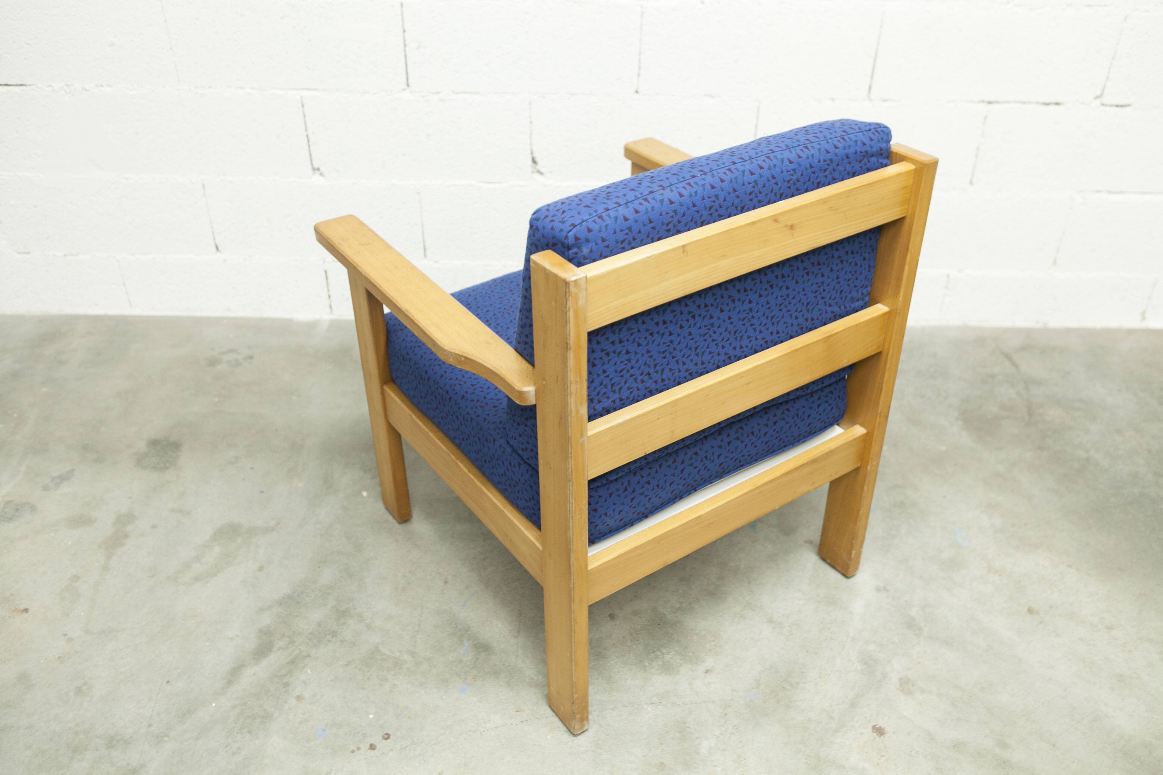 Comfortable 1980s blue and honey beech armchair