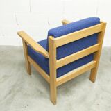 Comfortable 1980s blue and honey beech armchair