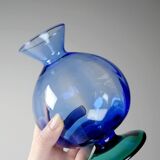 Petit vase globe à pied cristal vintage bicolore bleu et vert