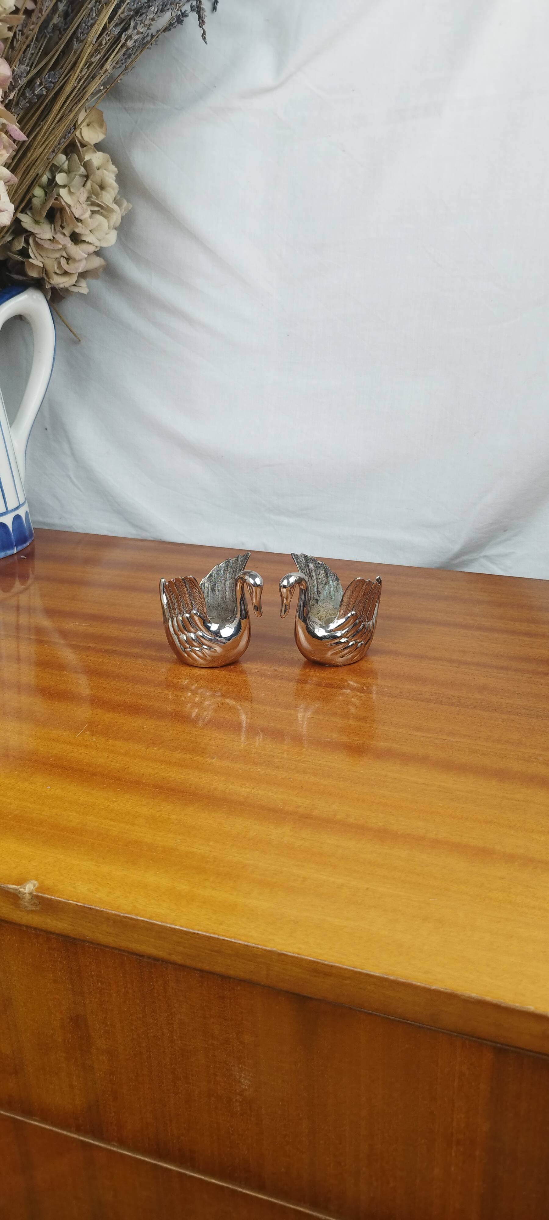 Pair of Silver Metal Zoomorphic Swan Candle Holders, Vintage 70s