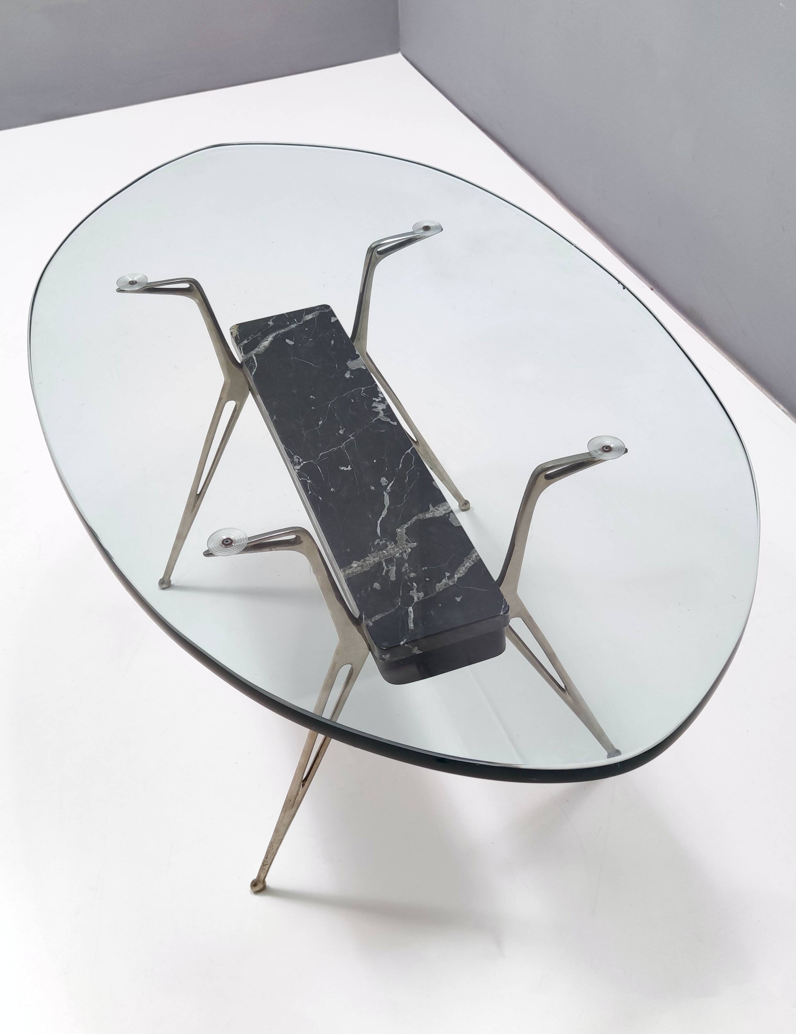 Oval Glass Coffee Table with Portoro Marble and Iron Base, Italy