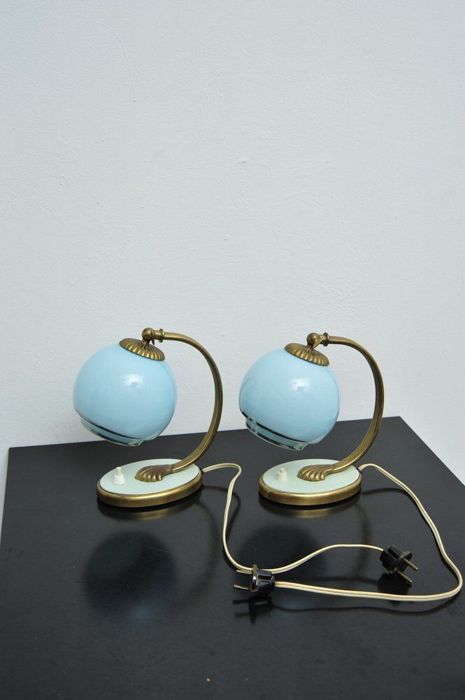 Set of 2x Bedside lamps with blue glass and bronze feet, 1930s