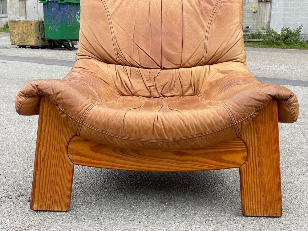 Vintage leather and pine lounge chair by Maison Regain, 1970s