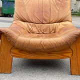 Vintage leather and pine lounge chair by Maison Regain, 1970s