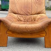 Vintage leather and pine lounge chair by Maison Regain, 1970s