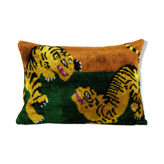 Fighting tiger ikat velvet pillow