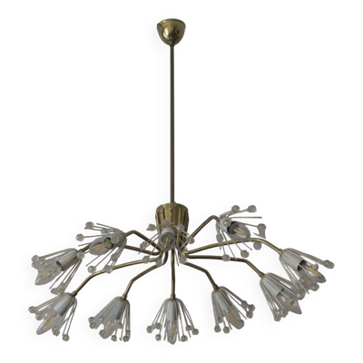 Chandelier elliptique en laiton et en verre à 10 bras, années 1950