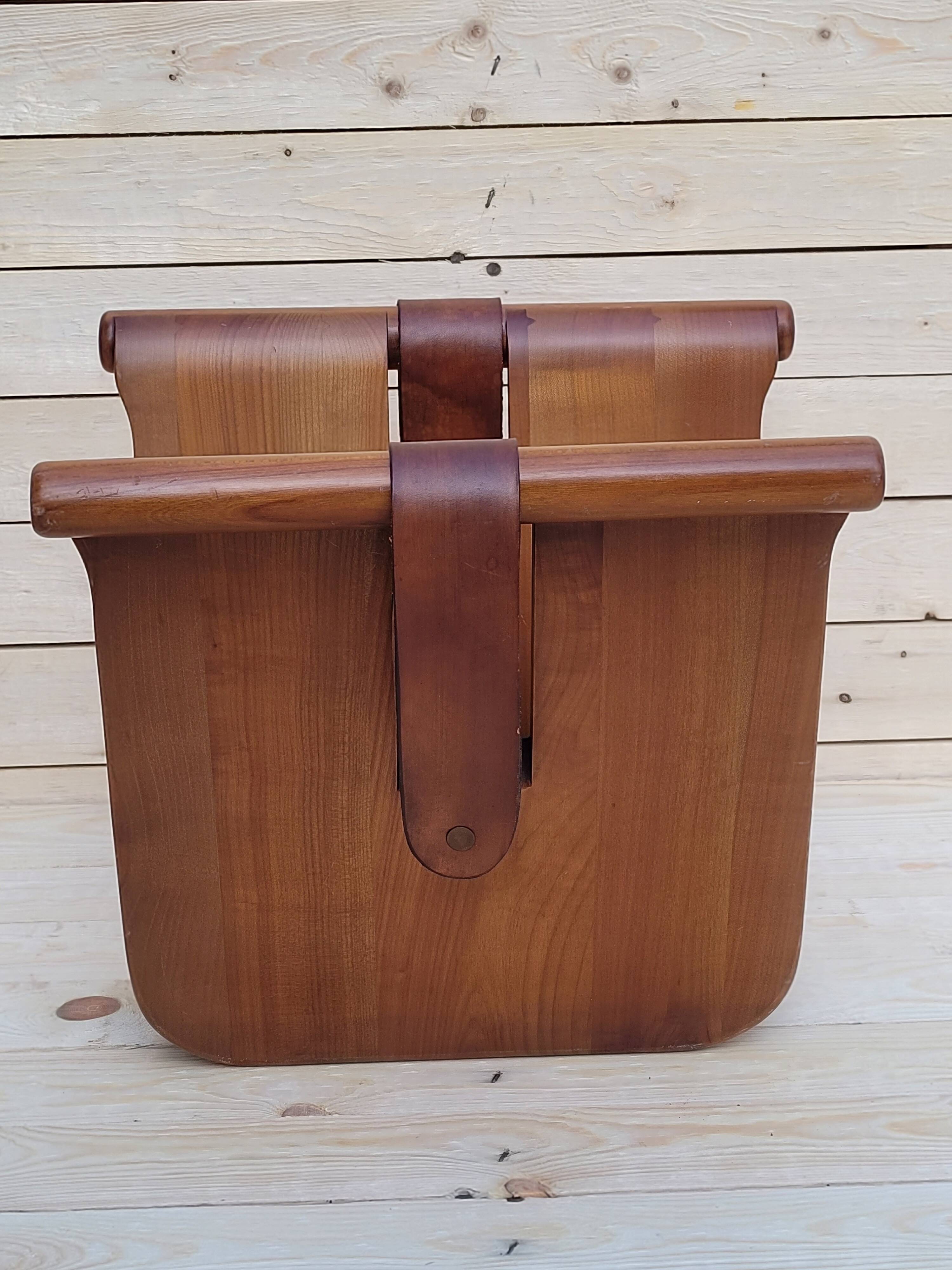Magazine holder or vinyl in wood and leather vintage design 1960/70