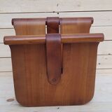 Magazine holder or vinyl in wood and leather vintage design 1960/70