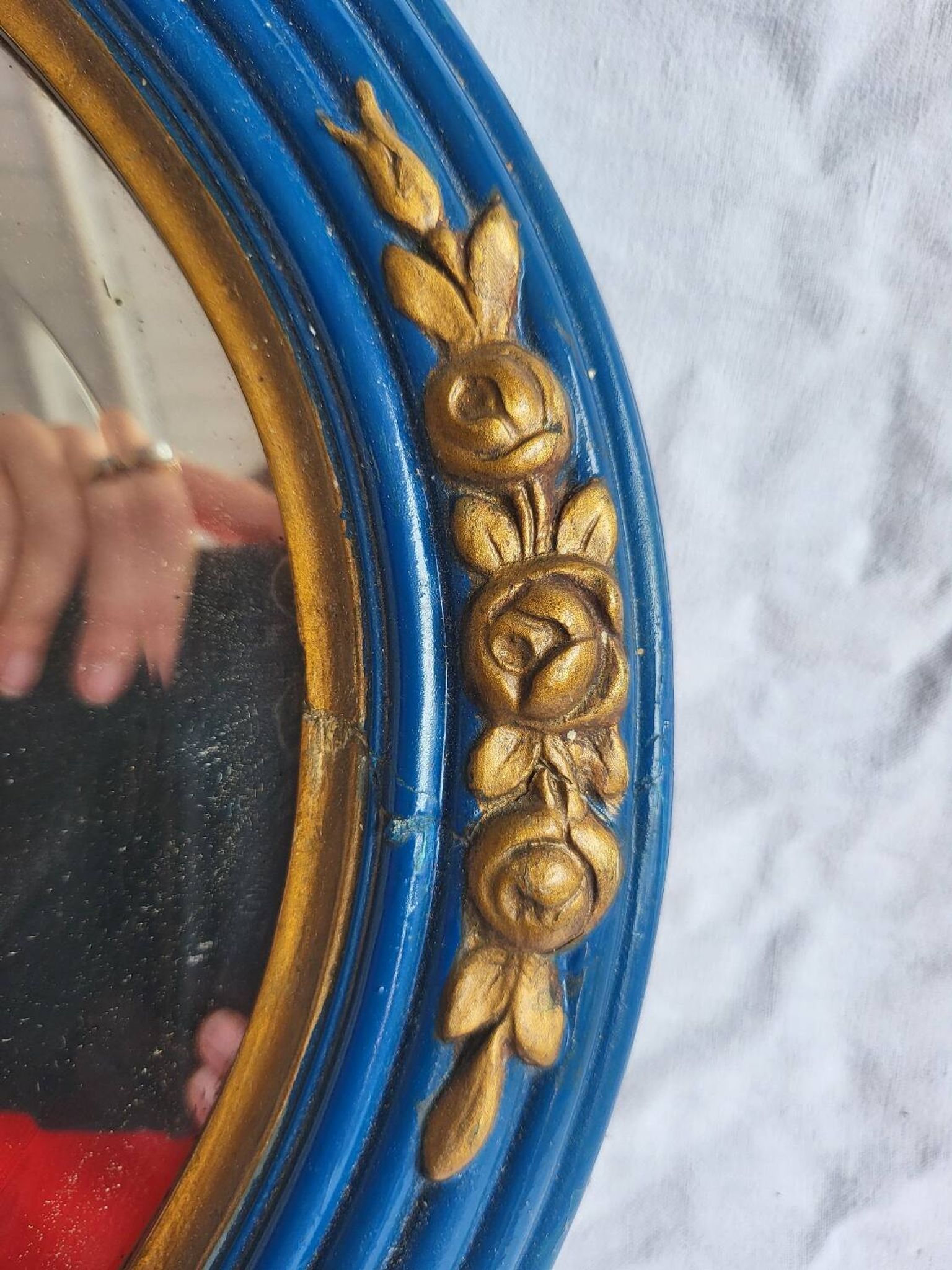 Antique oval mirror, royal blue and gold – rose design – 80 x 52 cm