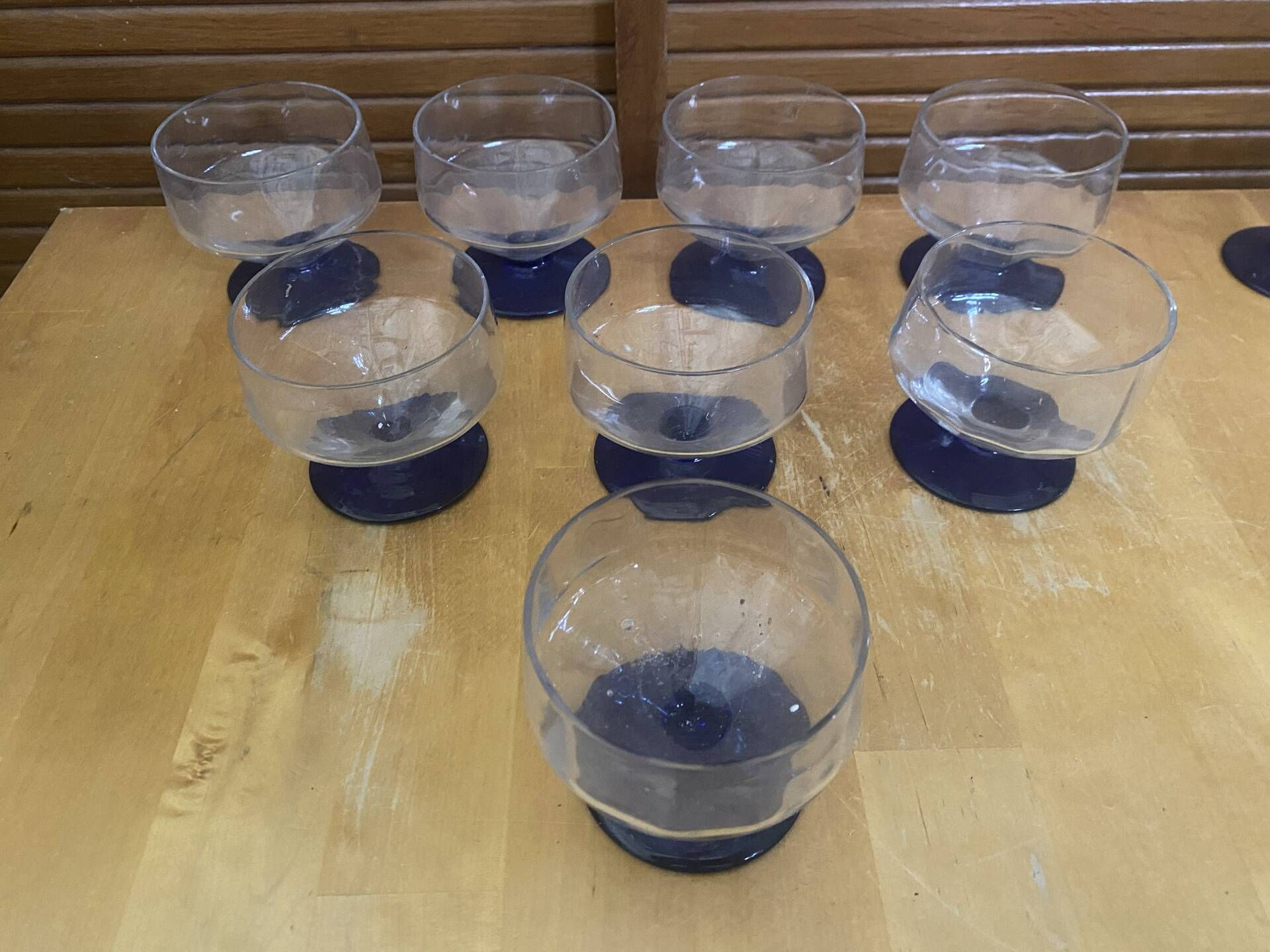 Set of 23 Stemmed Glasses Transparent Glass + Cobalt Blue Stems Vintage