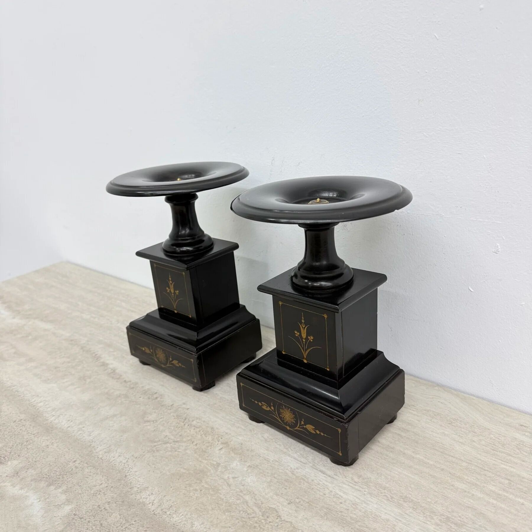 Antique French black marble cassoulets gilt decor pedestals neoclassical pair, 1900s