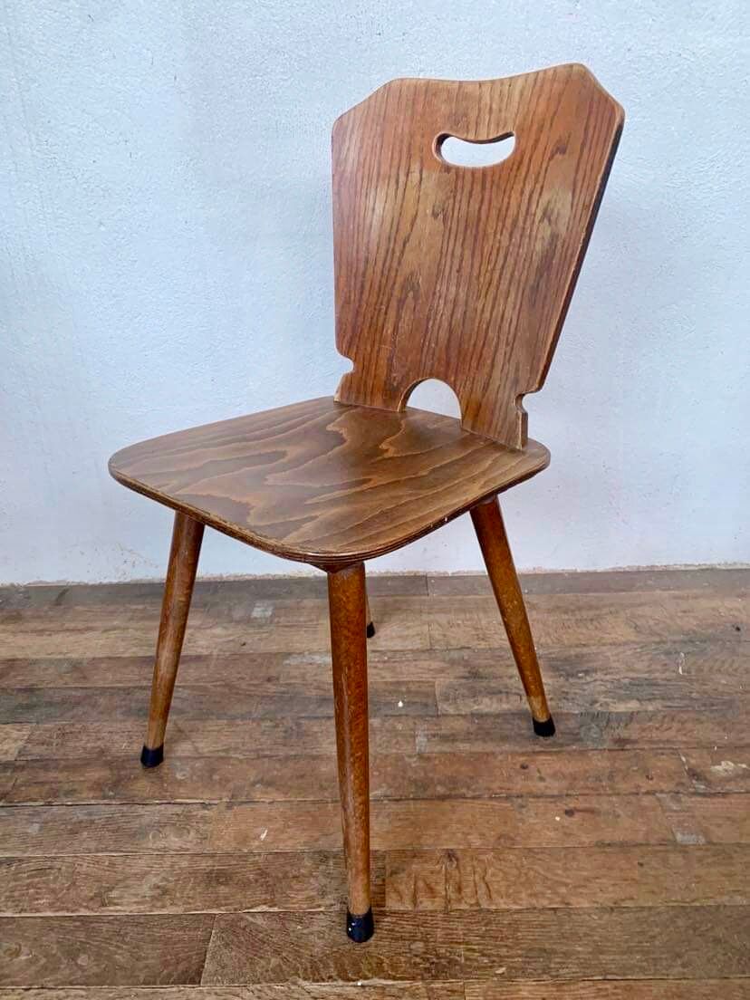 Series of 4 vintage rustic bistro chairs in thermoformed wood