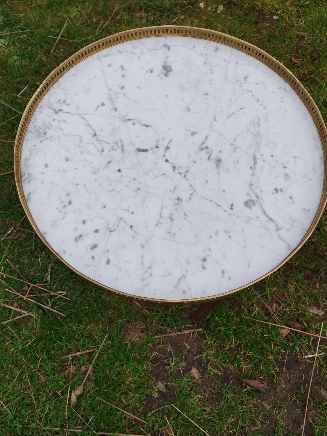 Antique hot water bottle table, Louis XVI style marble top