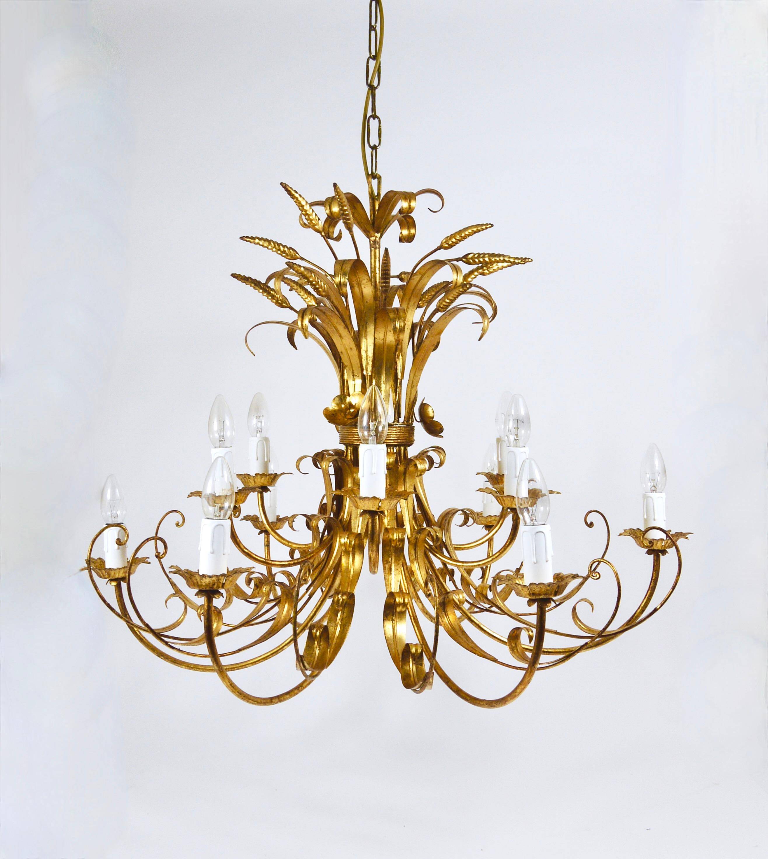 Hans Kögl XL Hollywood Regency golden wheat floral bouquet in iron, 1970s