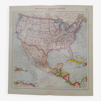 Carte géographique issue Atlas Quillet 1925 carte : Etats-Unis et Amérique centrale physique