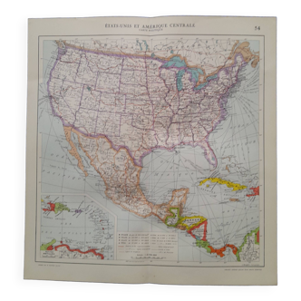 A geographical map from Atlas Quillet 1925 map: United States and Central America physical