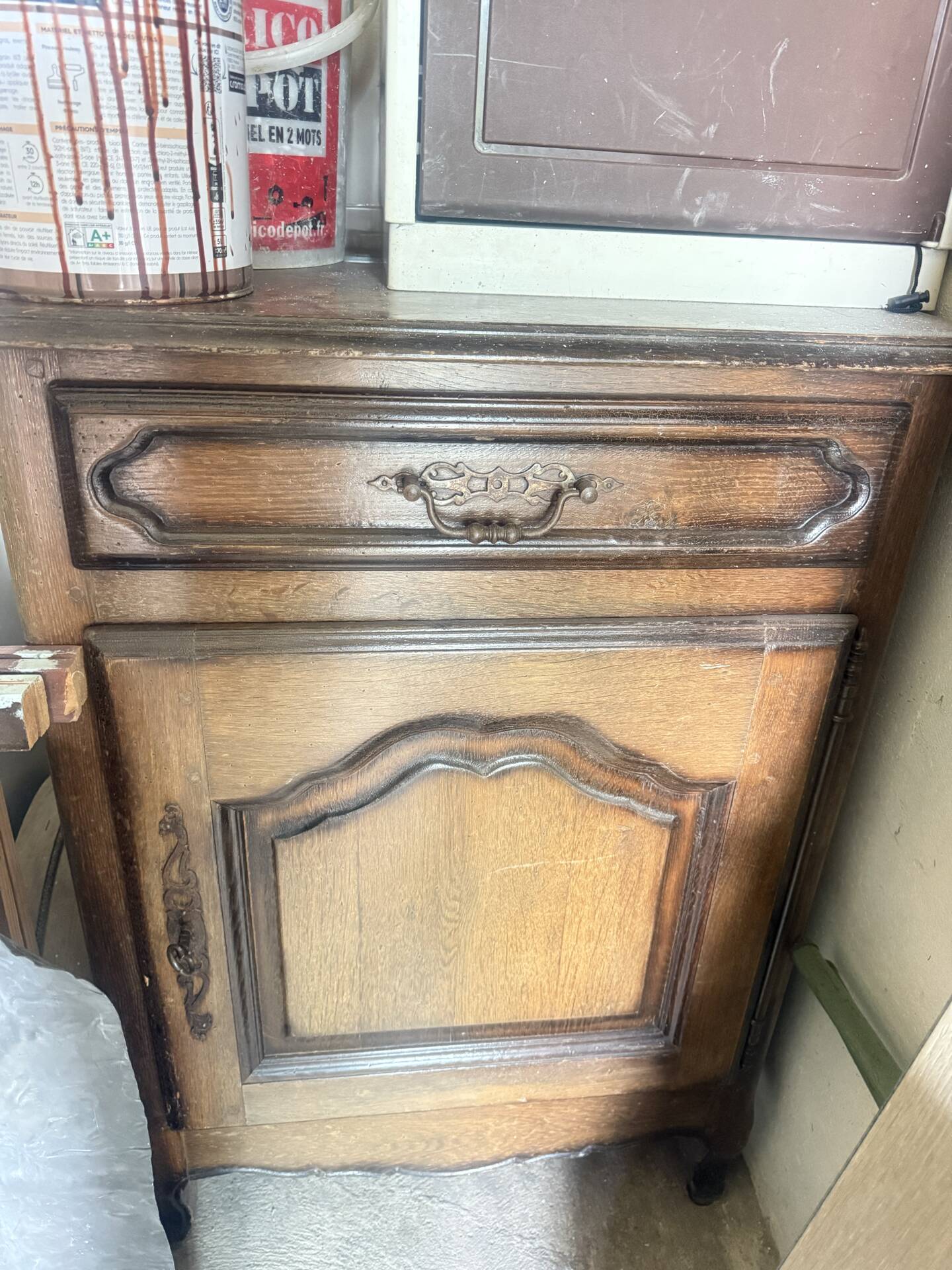 Standing man & solid oak jam cabinet – Antique furniture