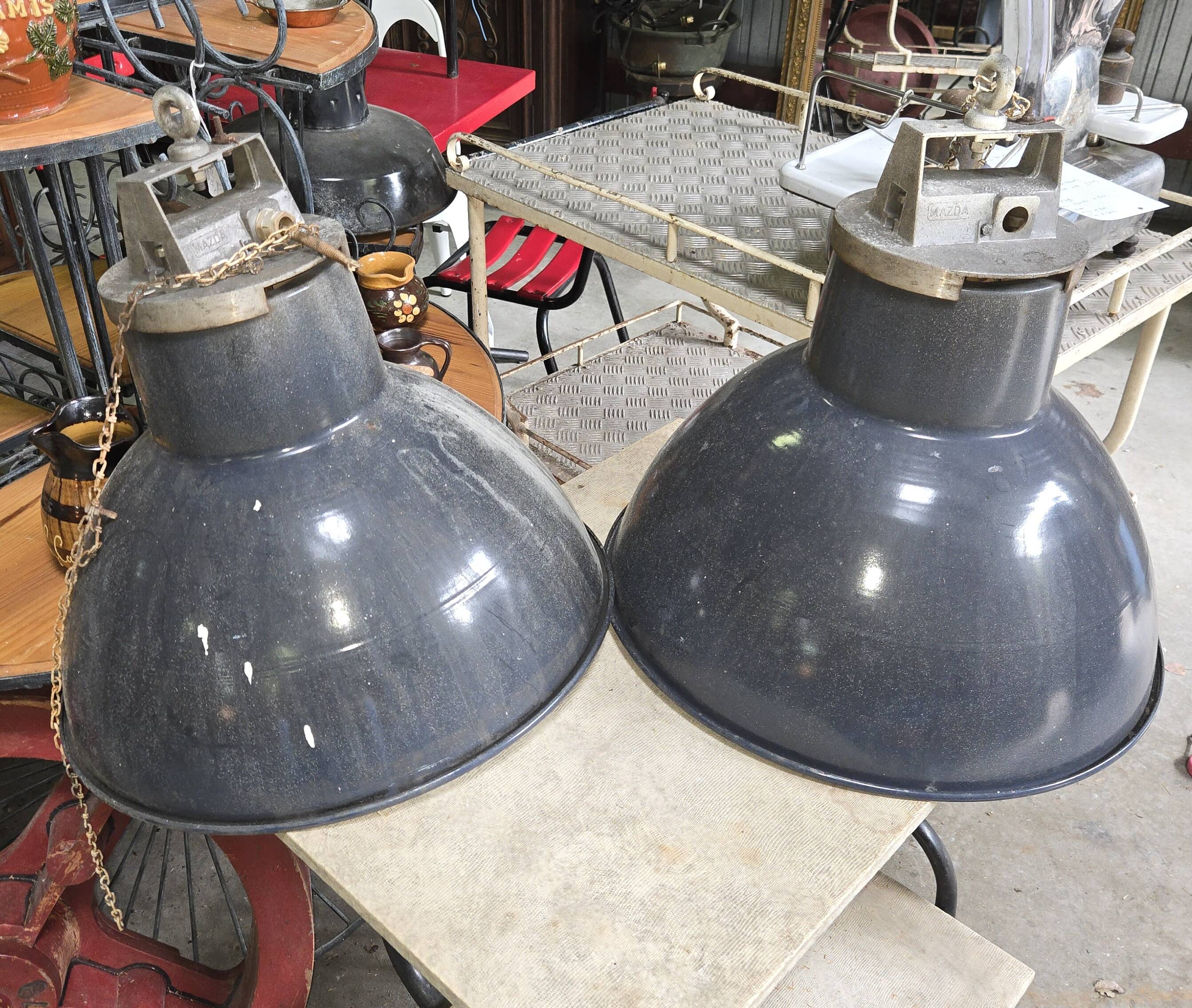 Pair of industrial Mazda pendant lights in enamelled sheet metal – Ø 52 cm