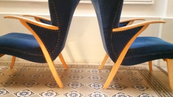 Paire de fauteuils scandinave wing Zig Zag années 50 bleus
