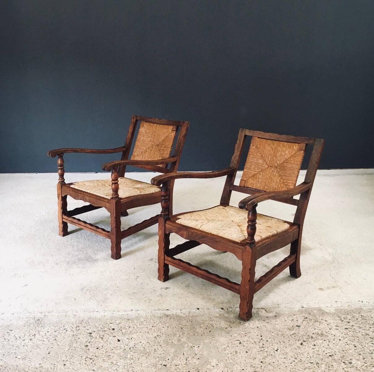 Arts & Crafts Handcrafted Low Lounge Armchairs, Belgium, 1920s, Set of 2