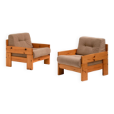 Pair of Minimalist Pine Lounge Chairs, Italy, 1970s