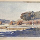 20th century, Neptune's Basin at sunset, Gardens of Versailles, summer 1920. Watercolor signed in ink