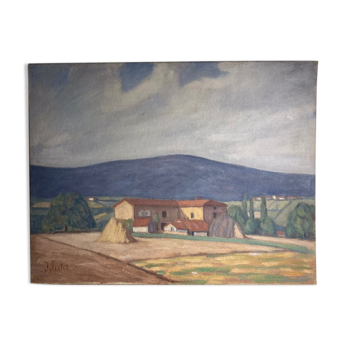 Old painting, landscape Monts du Lyonnais, signed and dated 1947