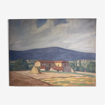 Old painting, landscape Monts du Lyonnais, signed and dated 1947