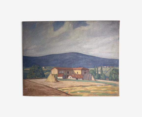 Tableau ancien, paysage Monts du lyonnais, signé et daté 1947