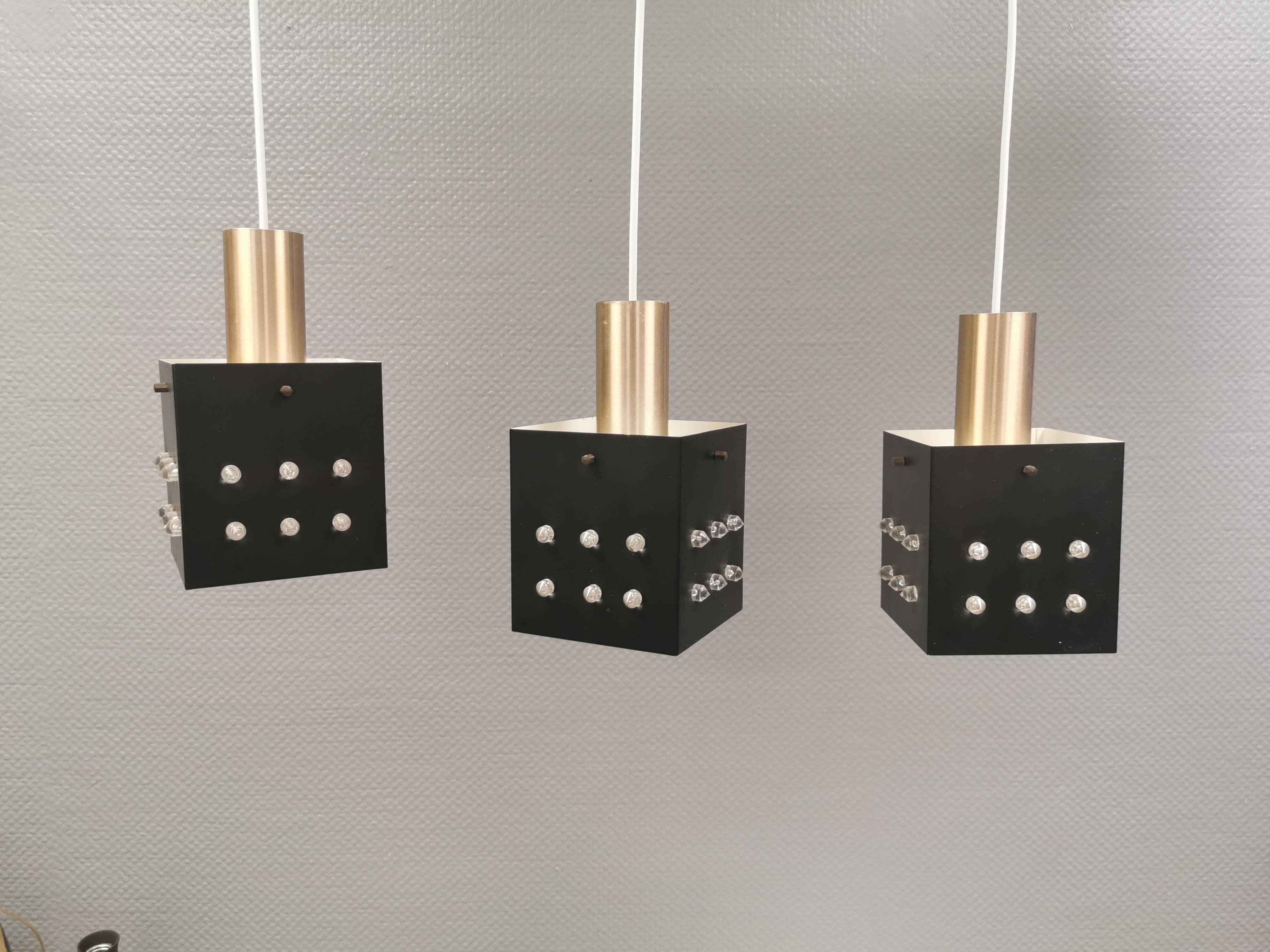 Three older square pendant lamps in Space-Age style, Denmark 1980s